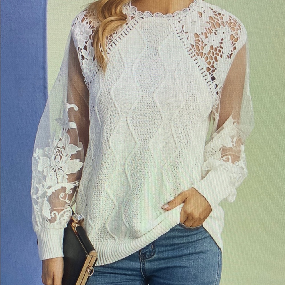 White Lace Sleeve Sweater